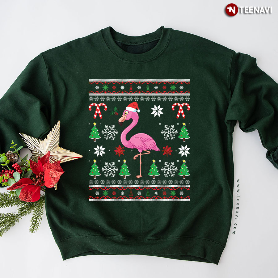 Lovely Flamingo With Santa Hat Ugly Christmas Sweatshirt