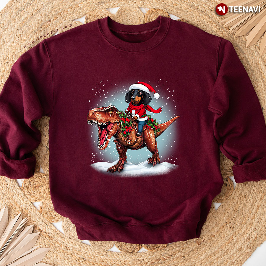 Santa Dachshund Riding Dinosaur Christmas Sweatshirt