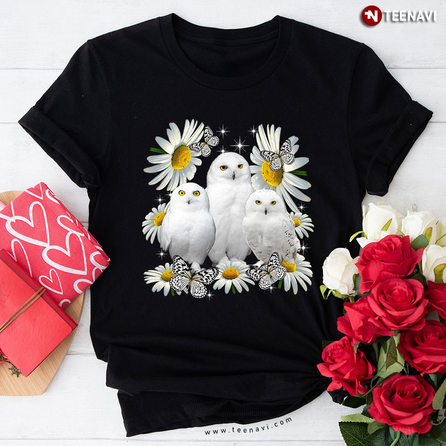 Snowy Owls Butterflies And Daisy T-Shirt
