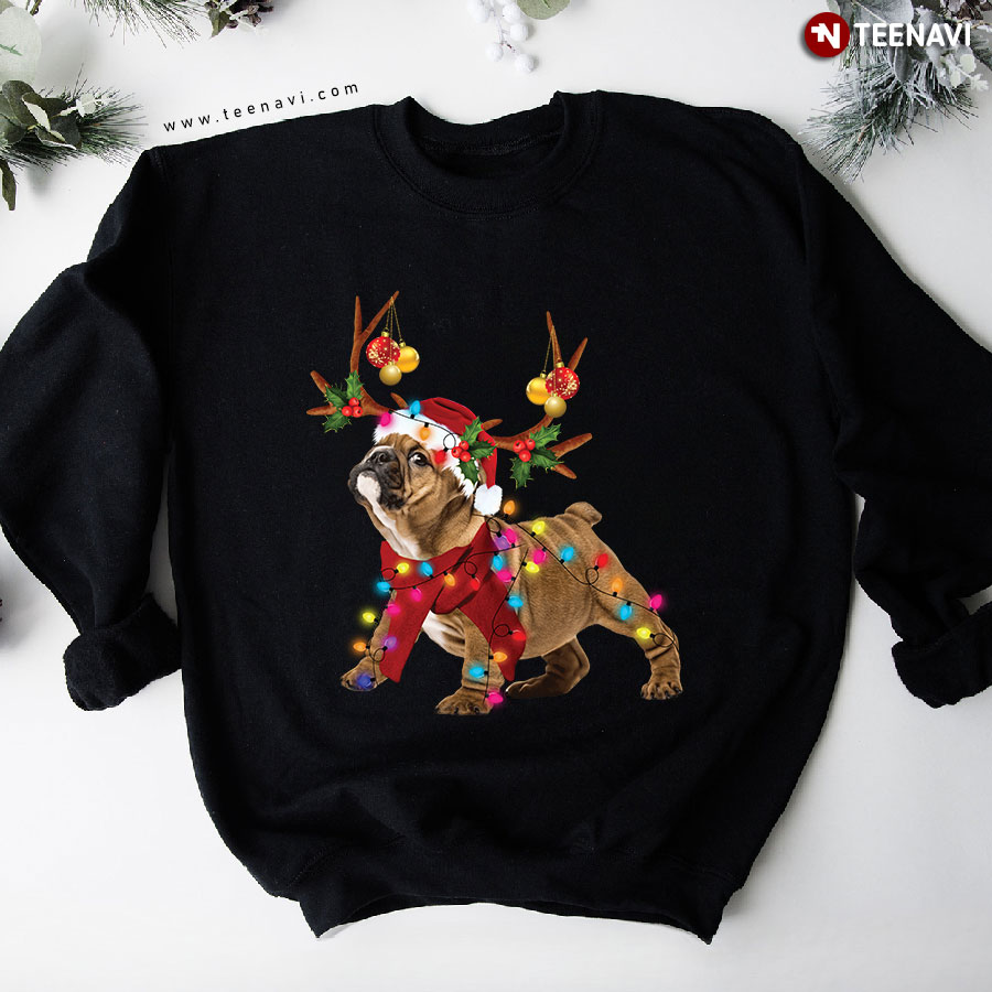 Pug With Santa Hat And Reindeer Horns Christmas Dog Lover Sweatshirt