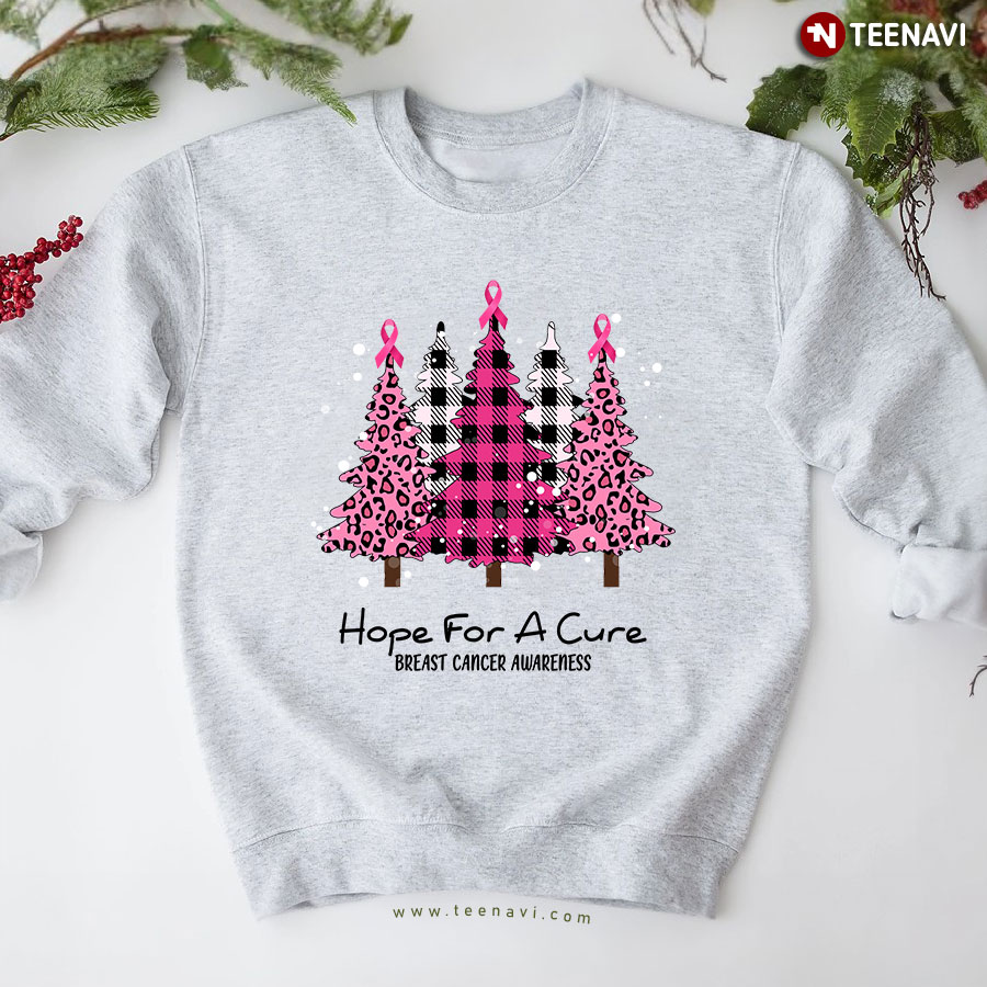Hope For A Cure Breast Cancer Awareness Christmas Tree Leopard Pink Ribbon Sweatshirt