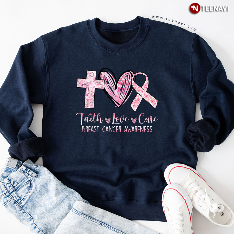 Faith Love Cure Breast Cancer Awareness Cross Pink Ribbon Sweatshirt