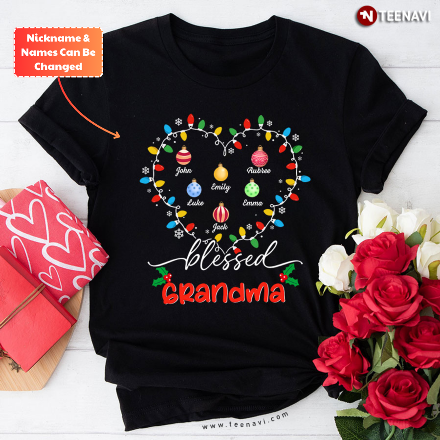 Personalized Blessed Grandma Merry Christmas Bauble Xmas Lights T-Shirt