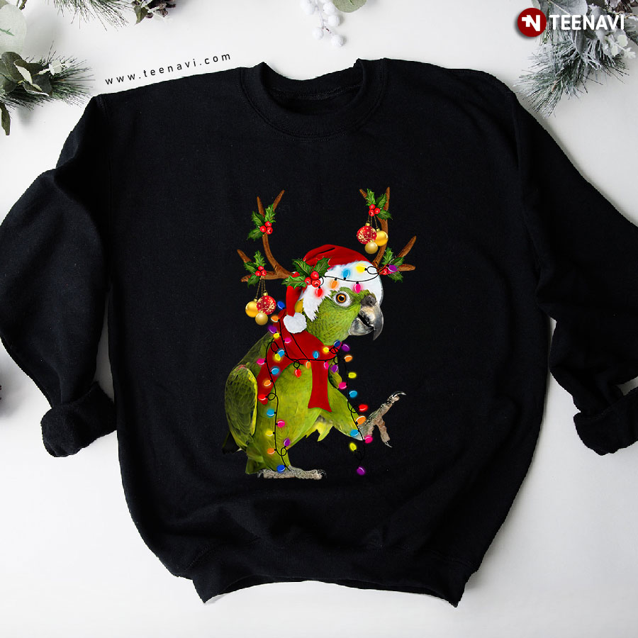 Parrot With Santa Hat Christmas Lights And Reindeer Horns Sweatshirt
