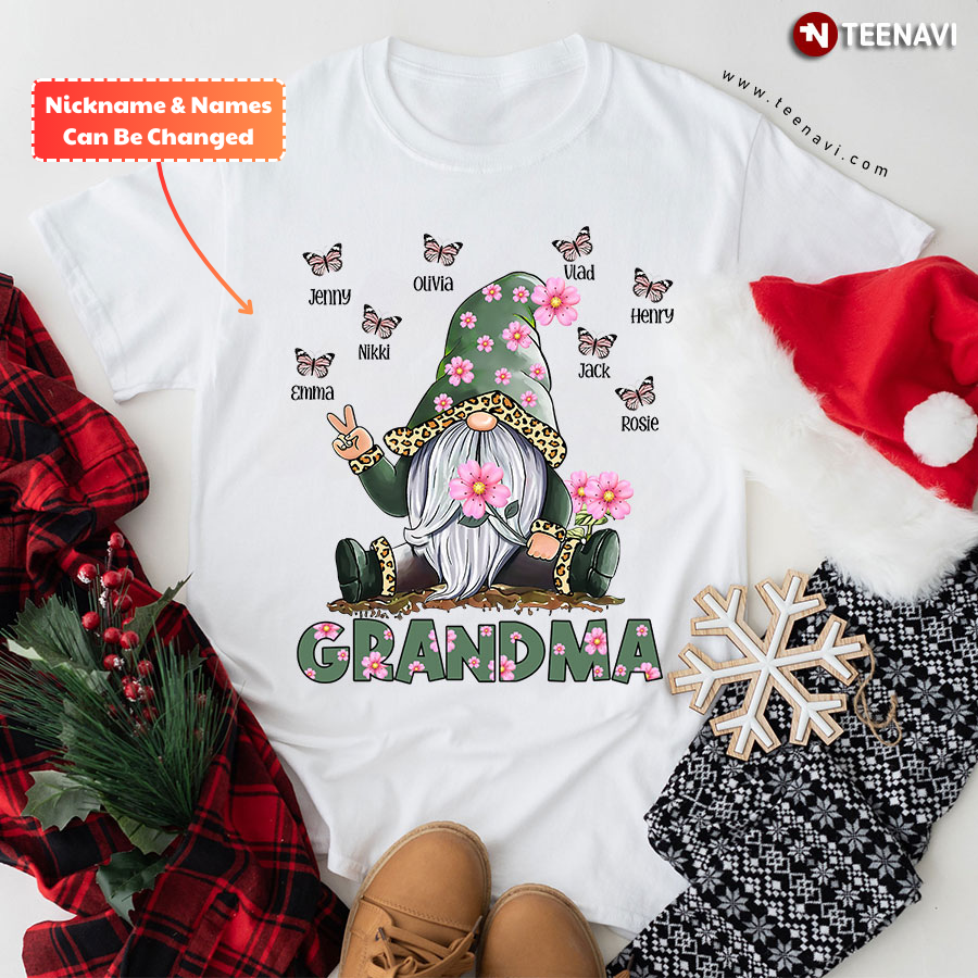 Personalized Grandma Gnome Leopard Flowers Butterflies Mother's Day T-Shirt