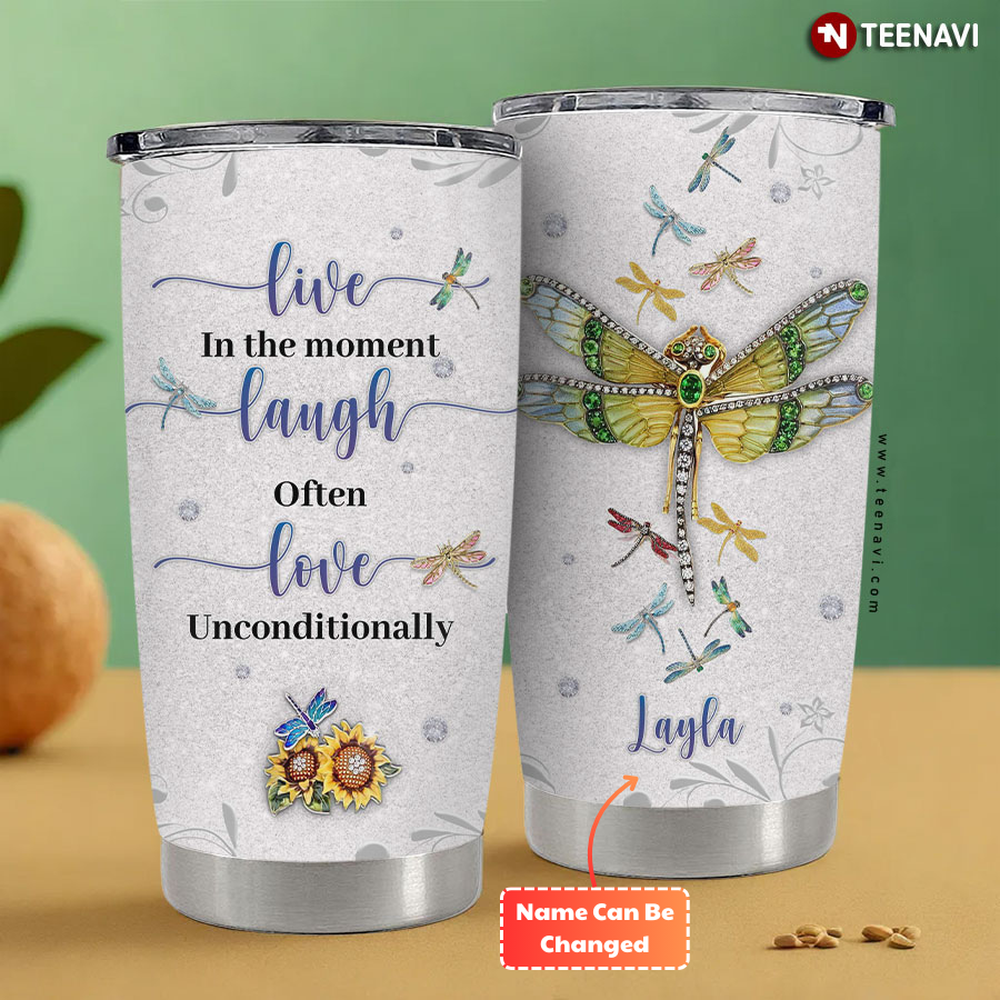 Personalized Live In The Moment Laugh Often Love Unconditionally Dragonfly Sunflower Tumbler