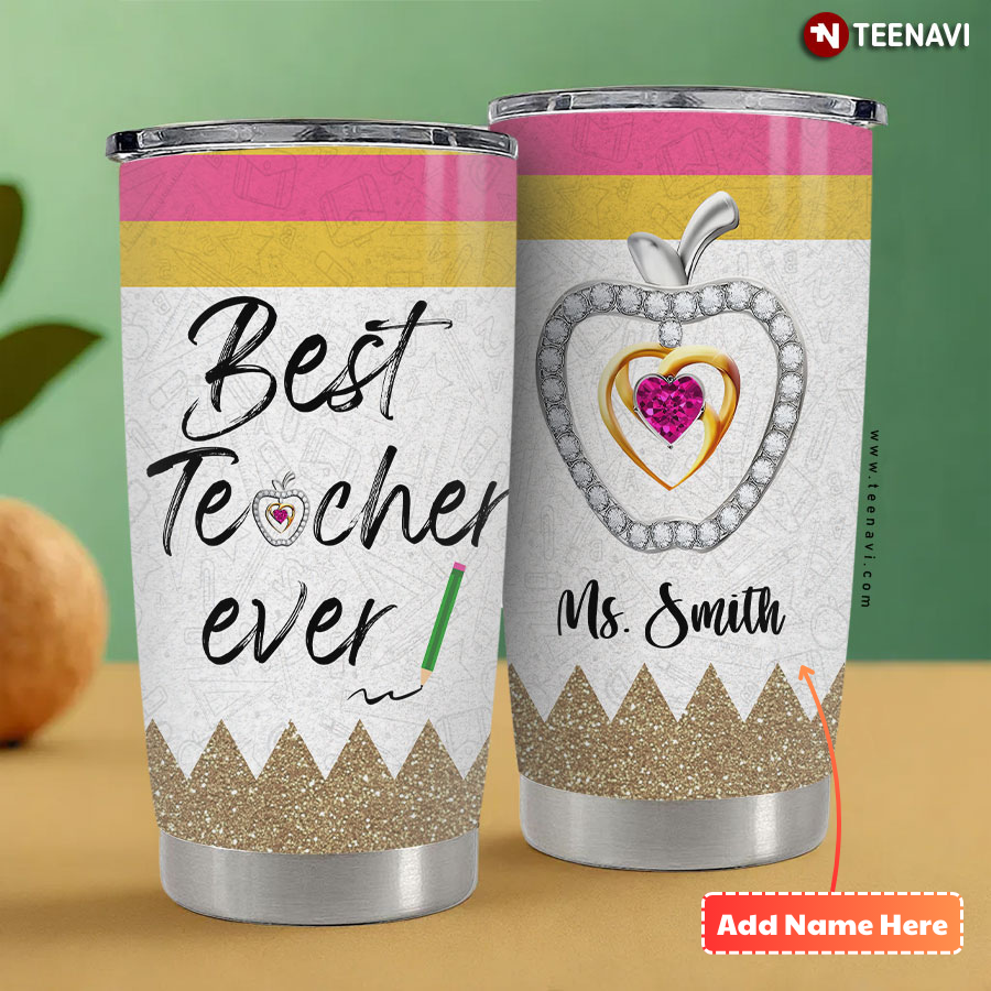 Personalized Best Teacher Ever Apple Glitter Tumbler