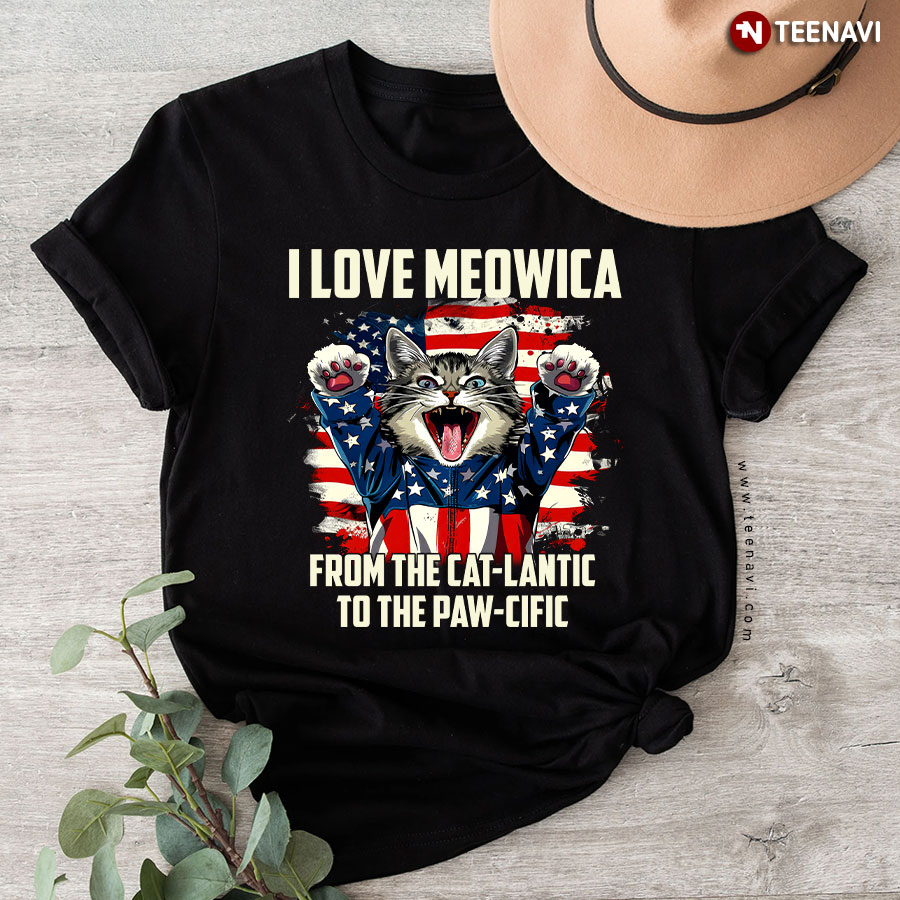 I Love Meowica From The Cat-lantic To The Paw-cific 4th of July American Flag Cat T-Shirt