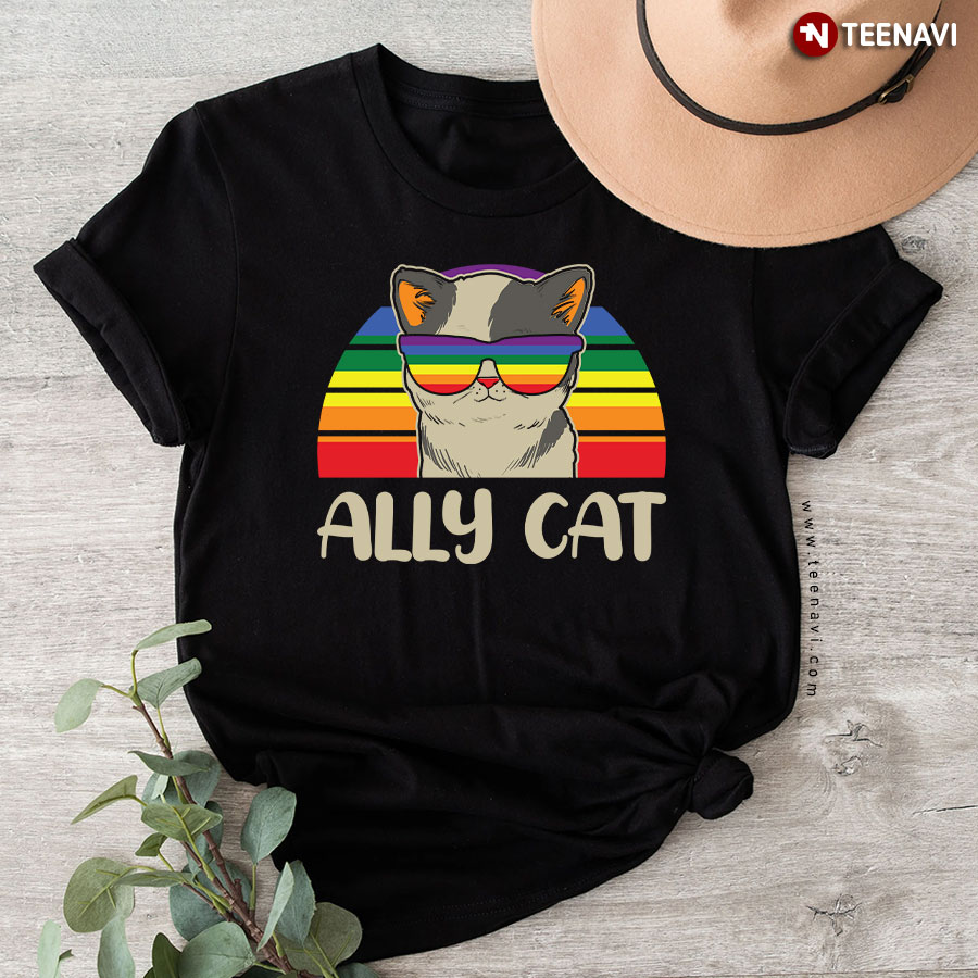 Ally Cat Vintage LGBT Rainbow Pride Flag T-Shirt