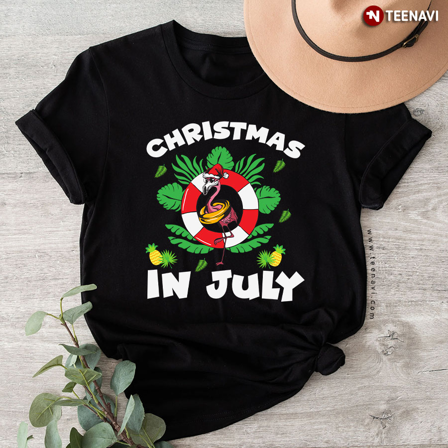 Christmas In July Santa Flamingo 4th of July Summer Vacation T-Shirt