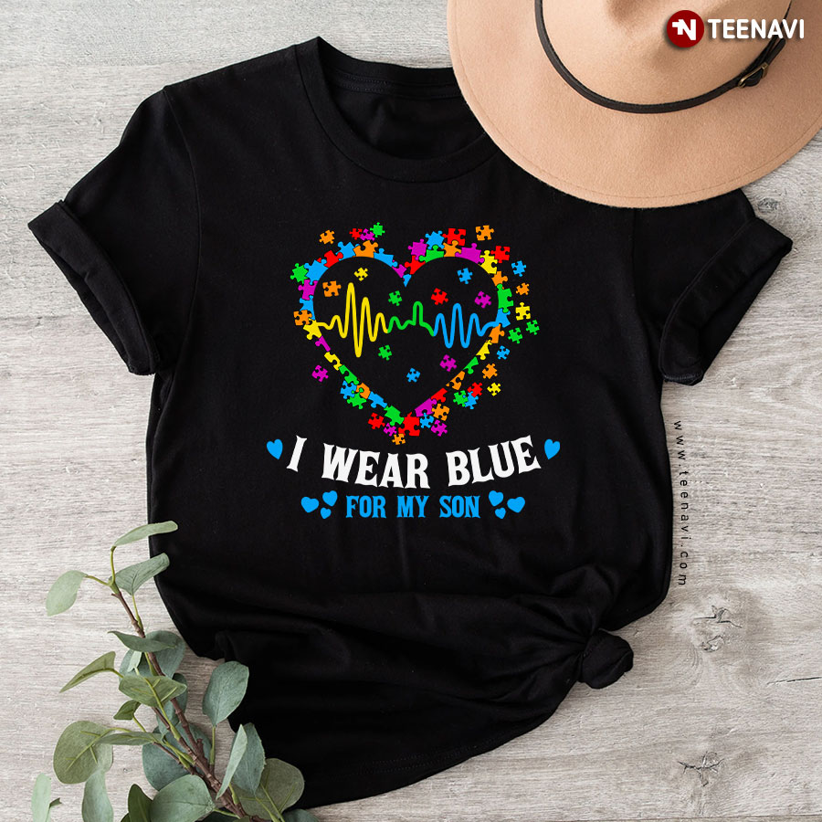 I Wear Blue For My Son Autism Awareness Heartbeat Puzzles T-Shirt