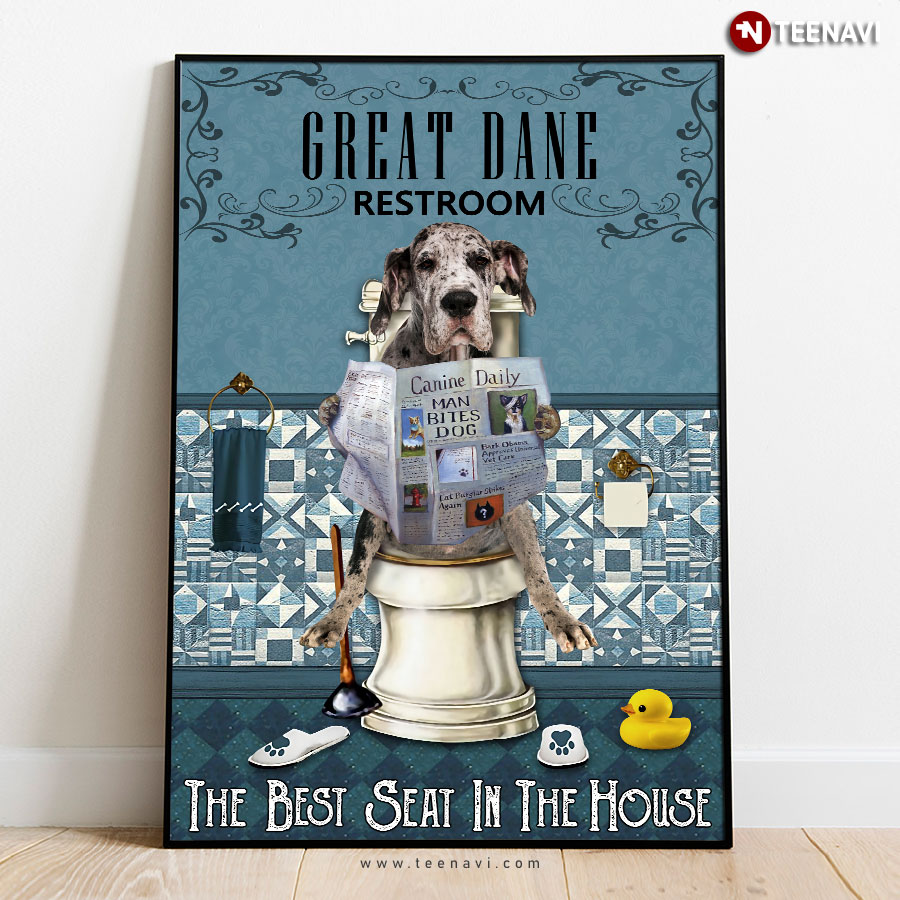 Vintage Great Dane On Toilet Seat Reading Newspaper Canine Daily Great Dane RestroomThe Best Seat In The House Poster