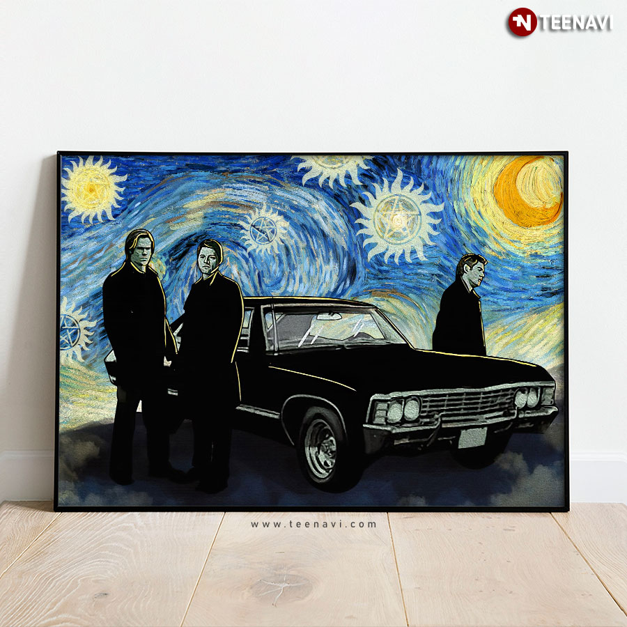 Supernatural Cast Standing By The Impala Car In The Starry Night Vincent Van Gogh Poster