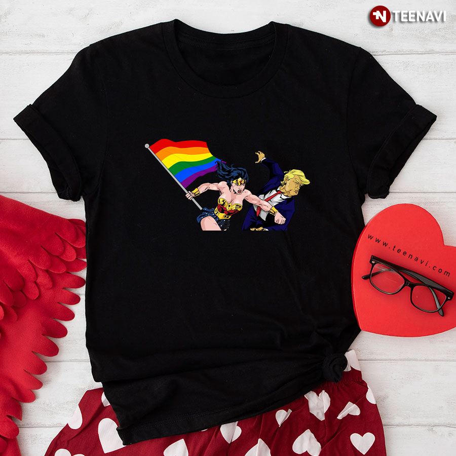 Wonder Woman LGBT Flag Punching Donald Trump T-Shirt