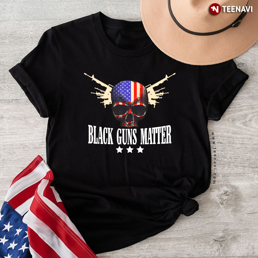 Black Guns Matter American Flag Skull Three Stars T-Shirt