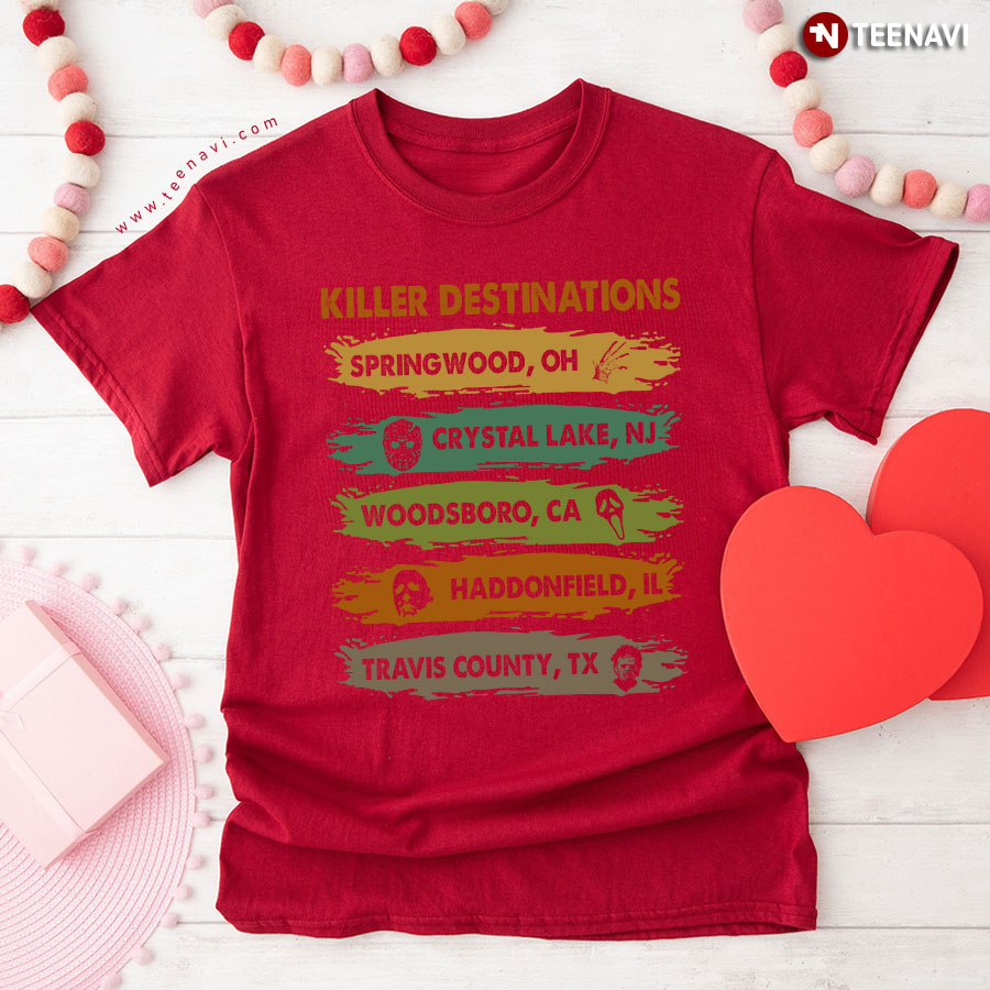 Halloween Horror Killer Destinations Springwood Crystal Lake Woodsboro Haddanfiels Travis County (New Version) T-Shirt Halloween Horror Killer Destinations Springwood Crystal Lake Woodsboro Haddanfiels Travis County (New Version) T-Shirt