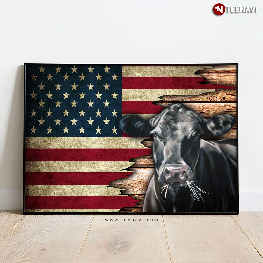 Cool Black Cow And American Flag For American Patriots Poster