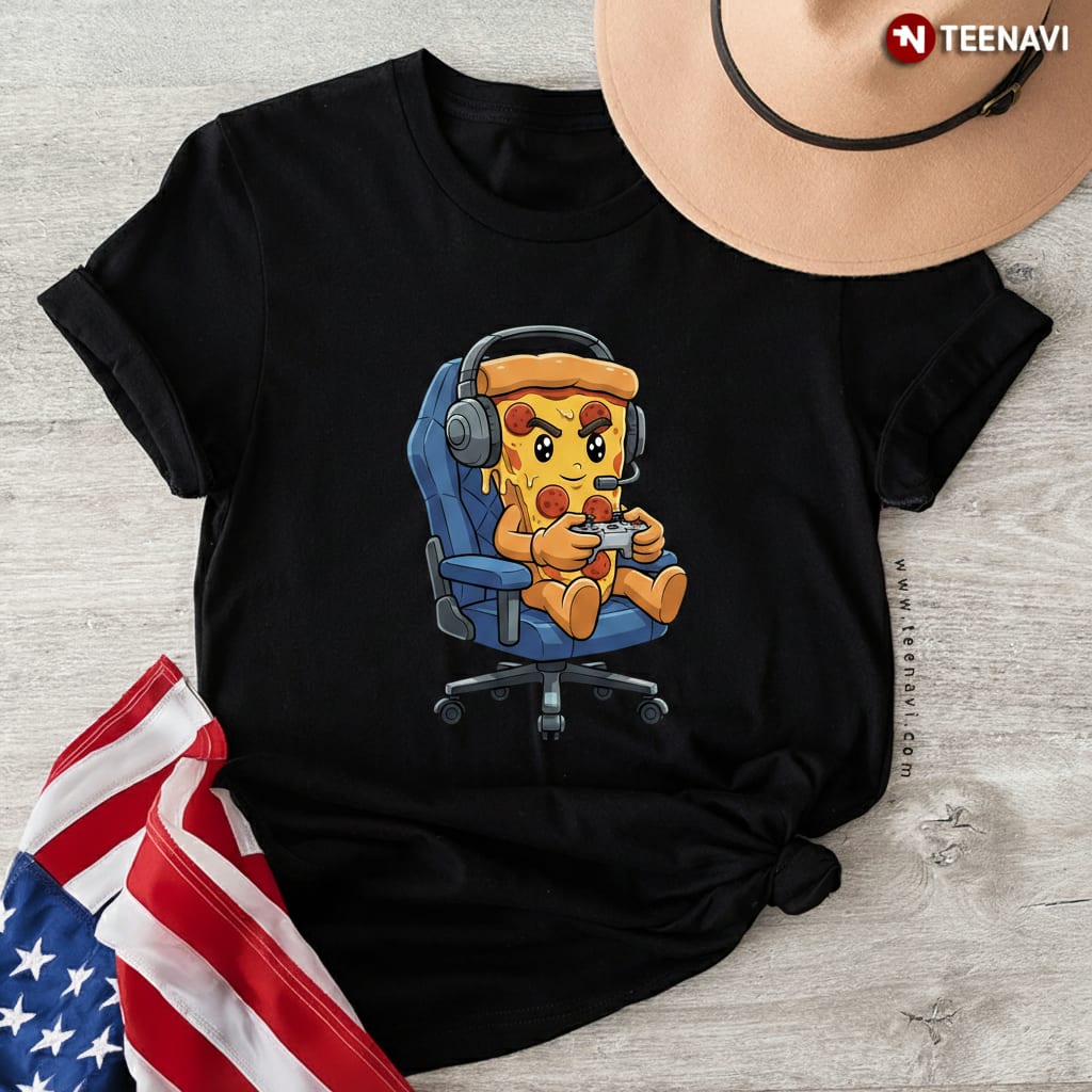 Funny Pizza Slice Gamer Playing Video Games T-Shirt