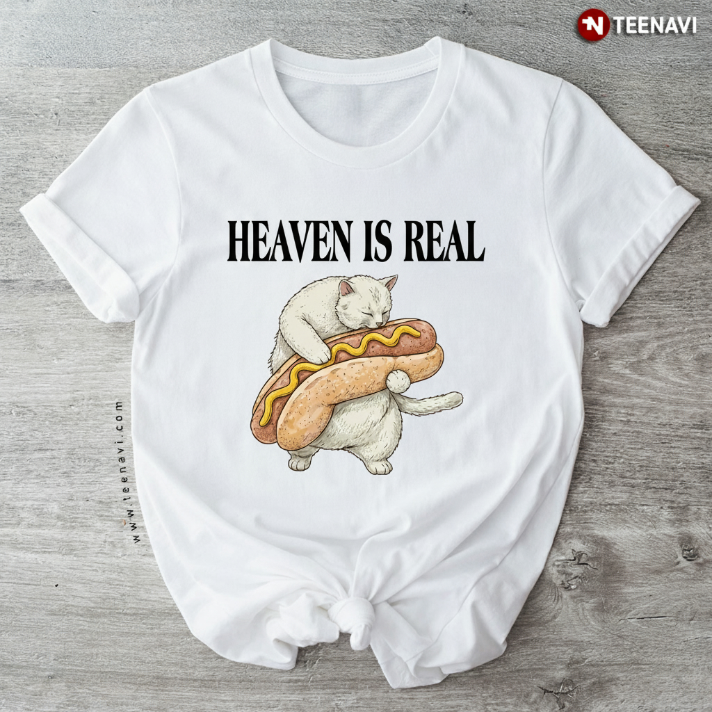 Heaven Is Real Funny Cat Hugging Giant Hot Dog T-Shirt