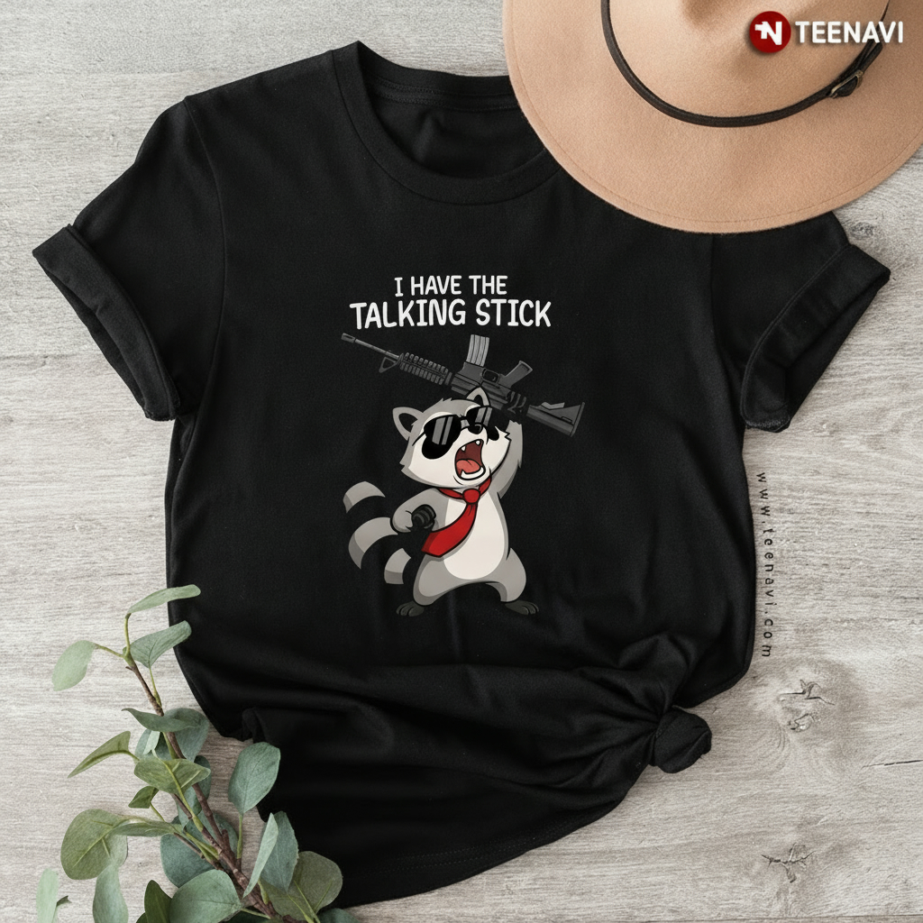 Funny Raccoon Gun Talking Stick T-Shirt