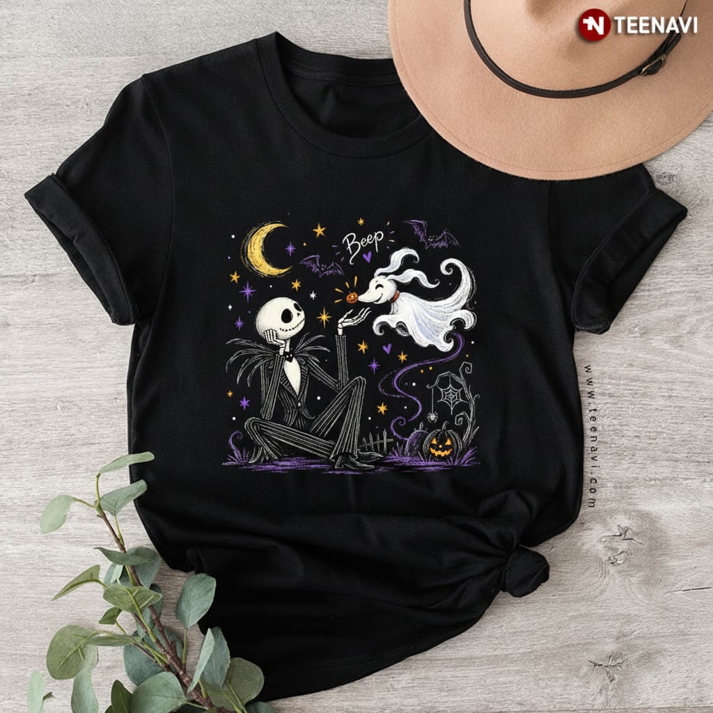 Beep Jack Skellington Zero Ghost Dog Moon Bats Halloween T-Shirt